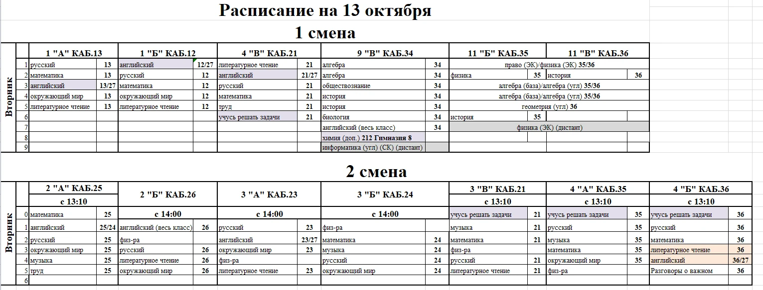 Расписание на вторник (13 октября)