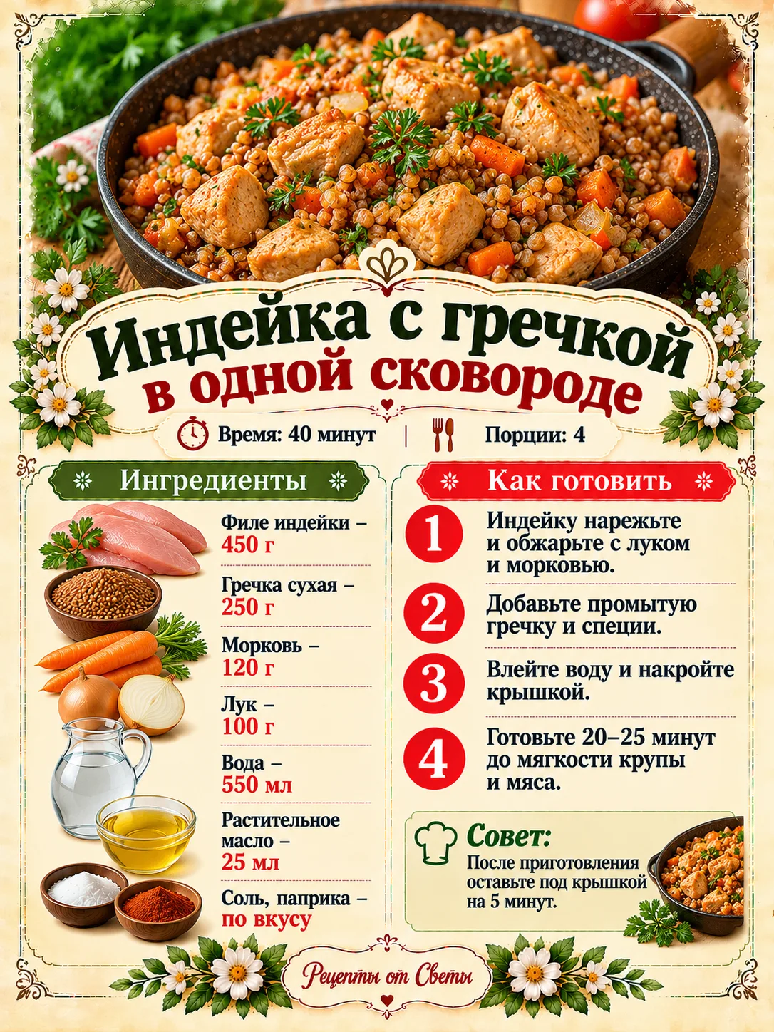 🍗 Индейка с гречкой в одной сковороде, когда хочется вкусно накормить семью и не перем...
