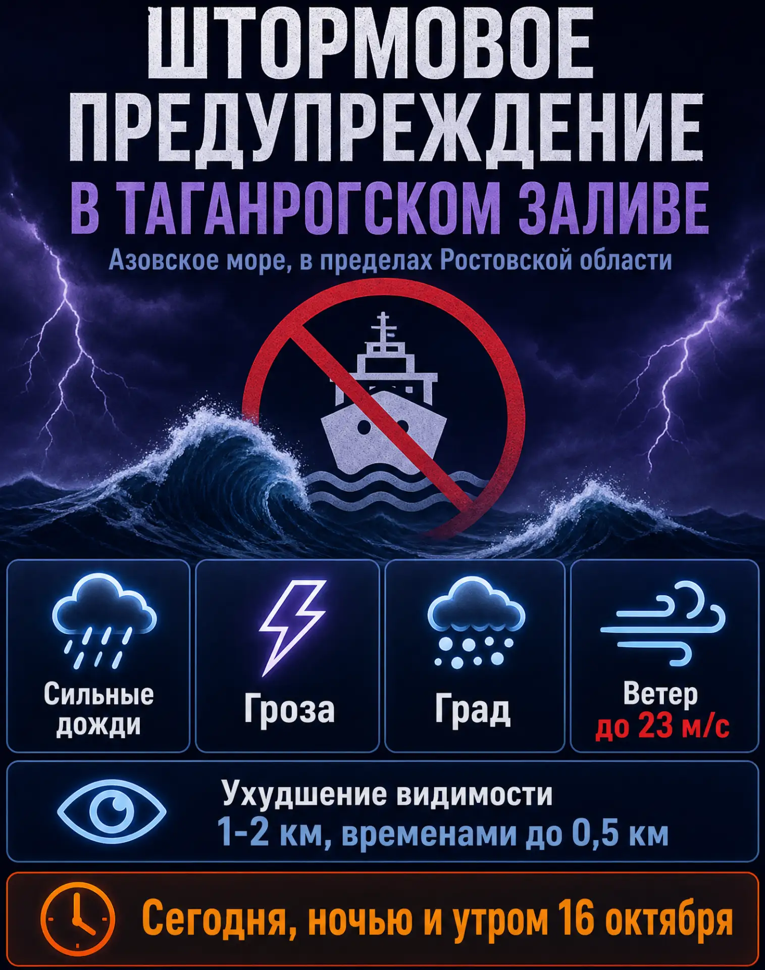 Штормовое предупреждение из-за ливней и грозы объявили в Таганрогском заливе