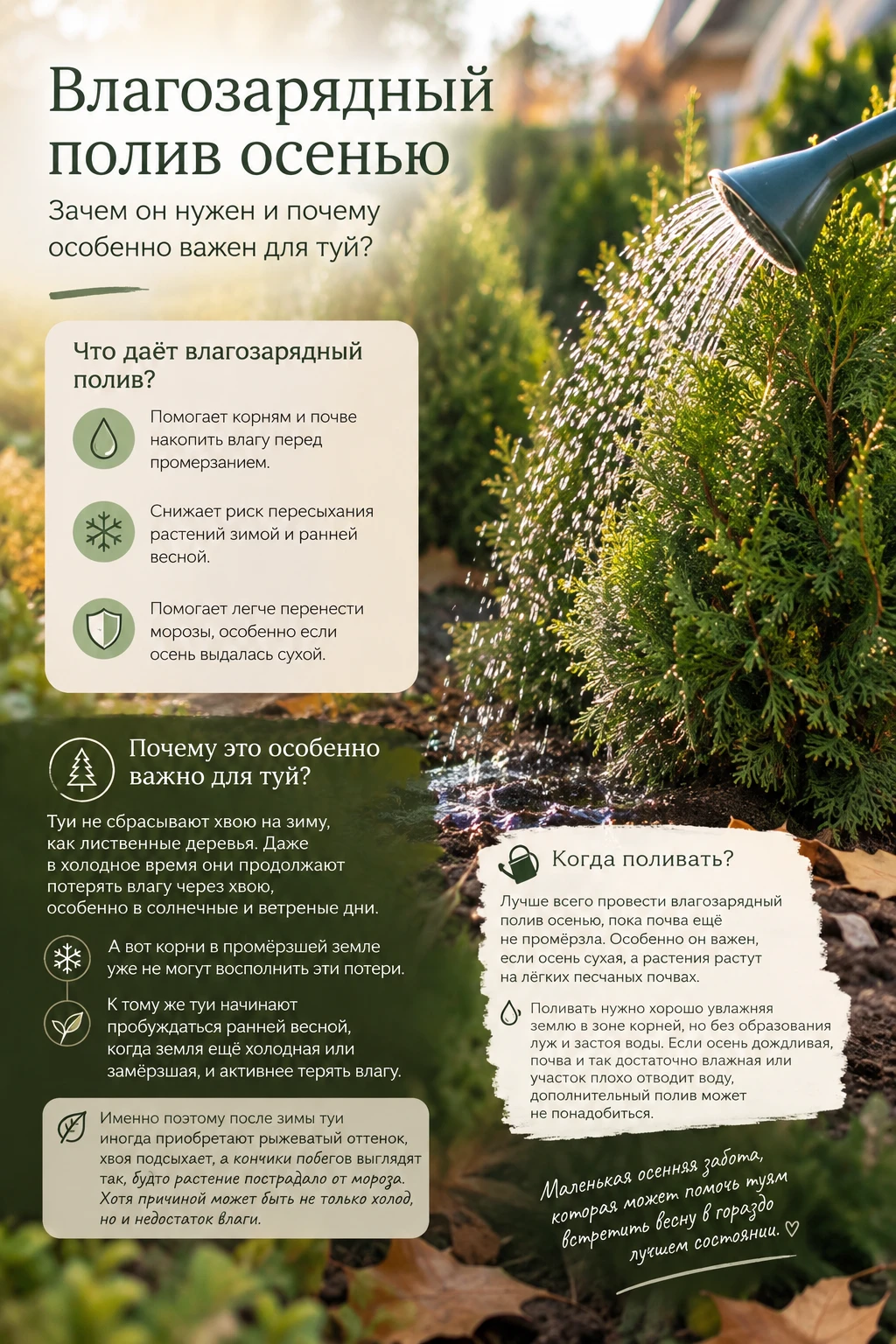 🌿 Зачем нужен влагозарядный полив осенью и почему он особенно важен для туй?