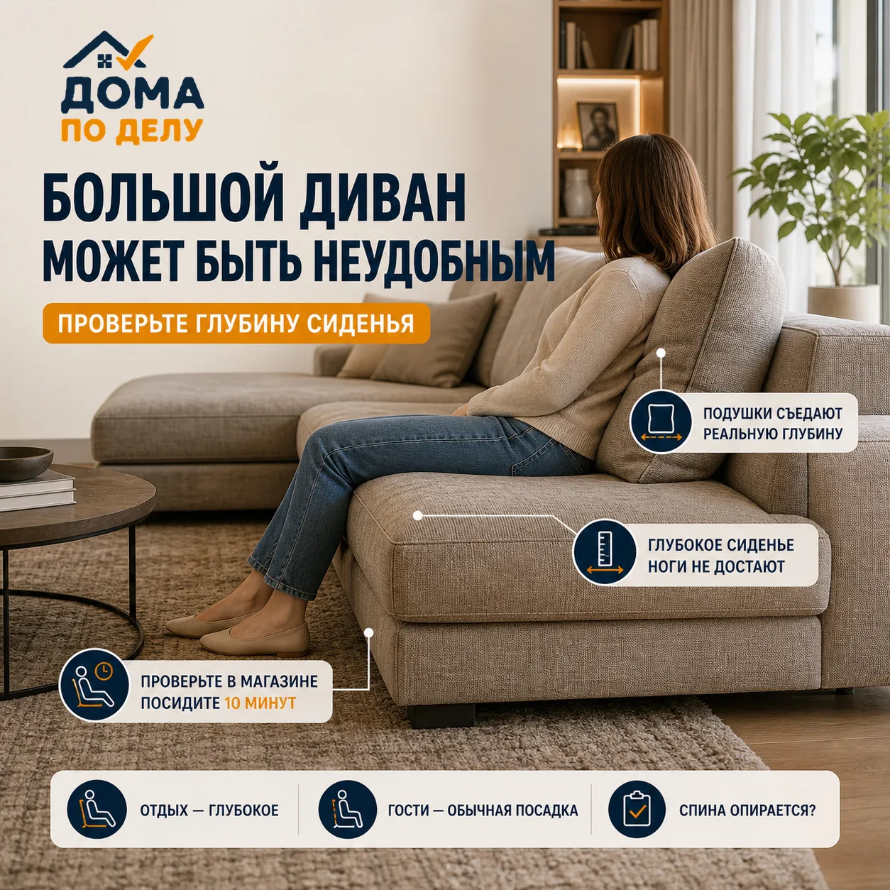 🛋️ Огромный диван в магазине может оказаться неудобным дома из-за глубины сиденья