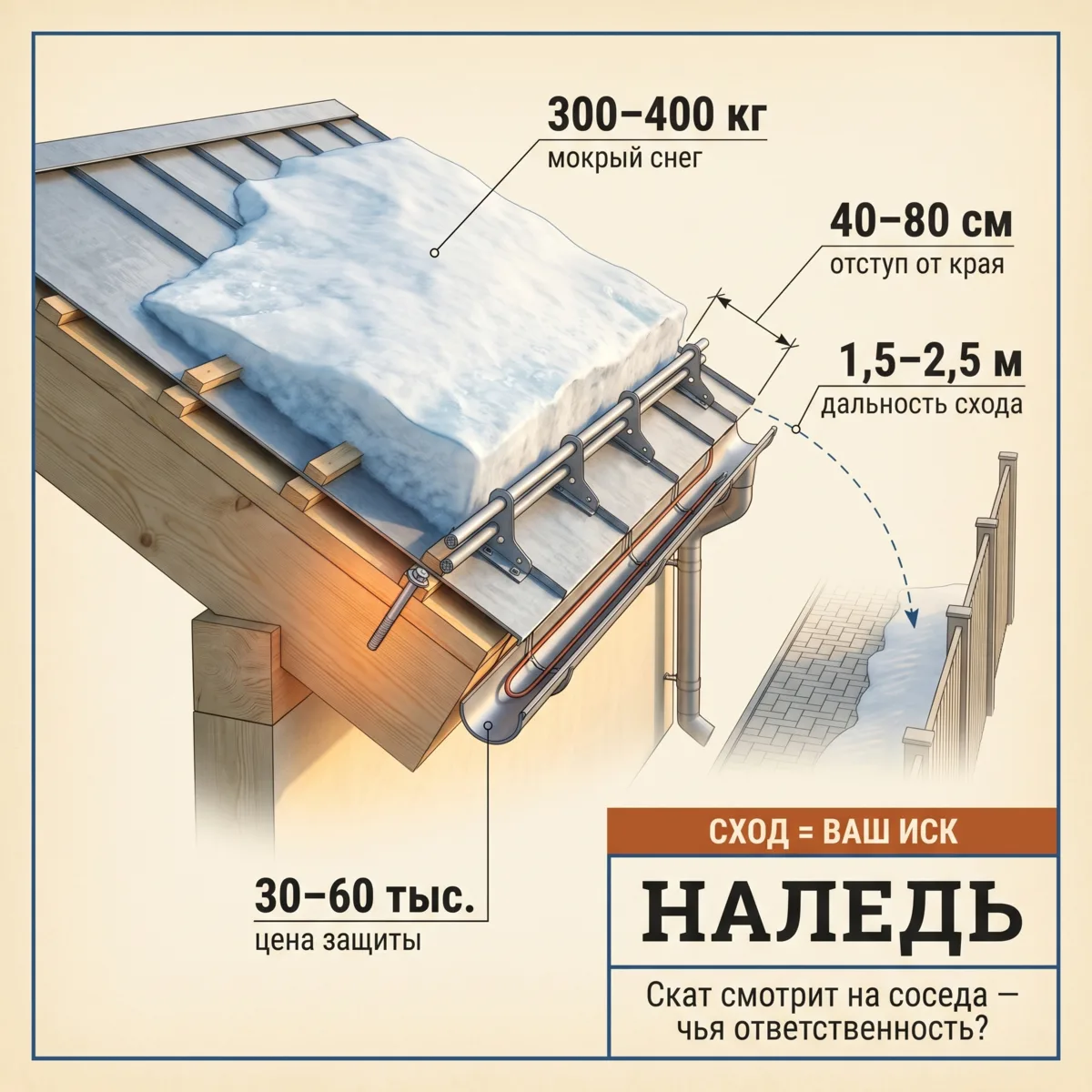🧊 Наледь с крыши над соседской дорожкой: снегозадержание как защита от иска
