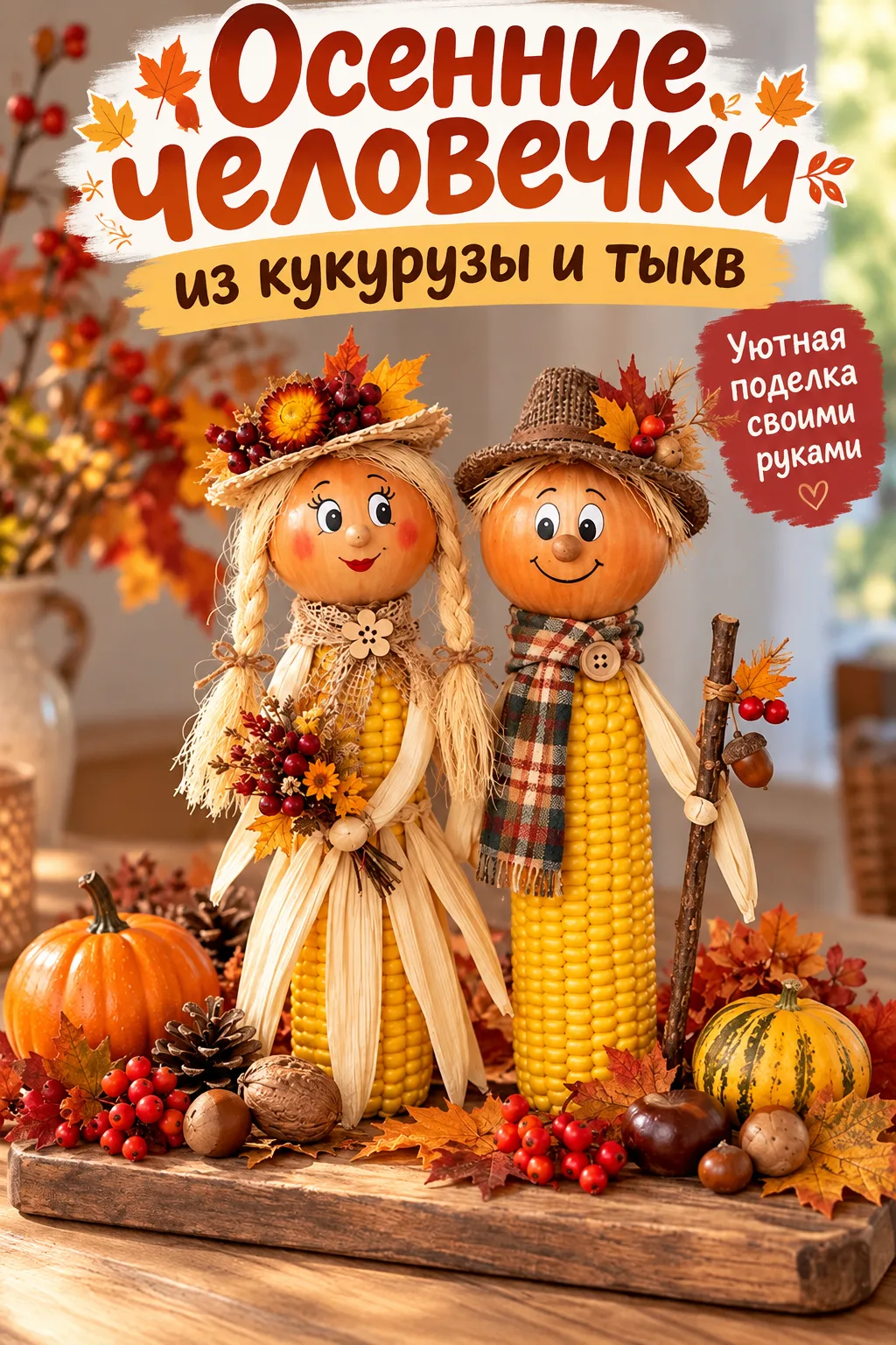 Осенние человечки из кукурузы и тыкв — уютная поделка своими руками для украшения дома.