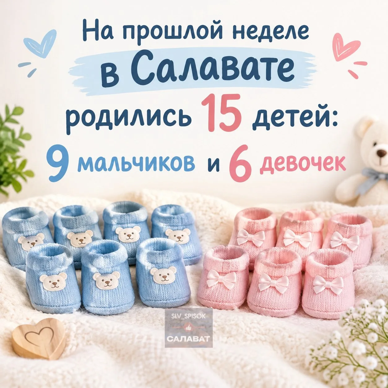 ❤️На прошлой неделе в Салавате родились 15 детей: 9 мальчиков и 6 девочек