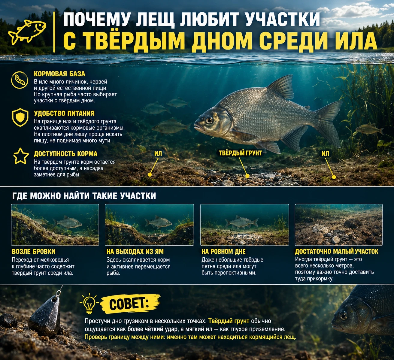 🎣 Почему лещ любит участки с твёрдым дном среди ила