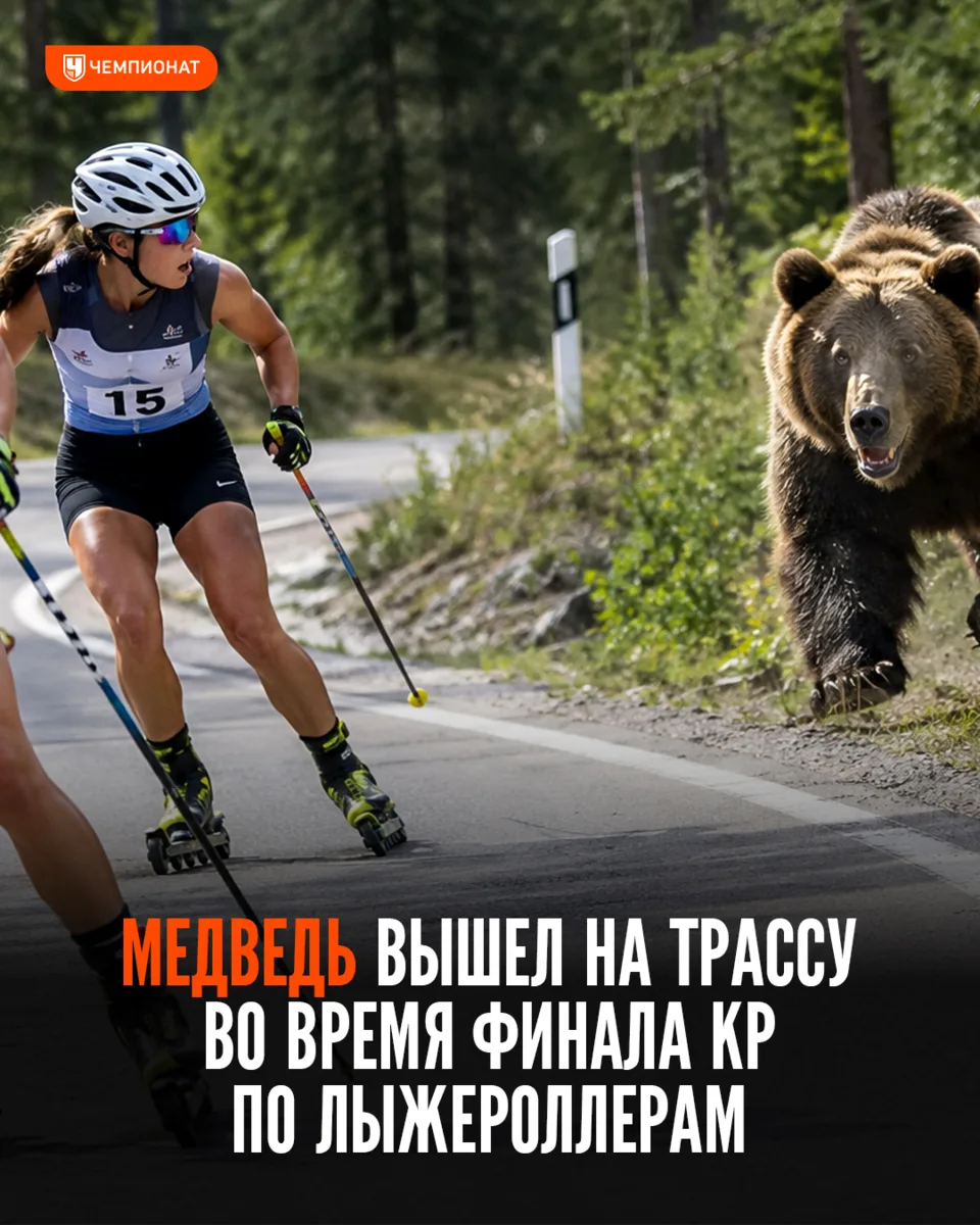 Медведь вышел на трассу во время женского заезда на Кубке России по лыжероллерам в Южно...