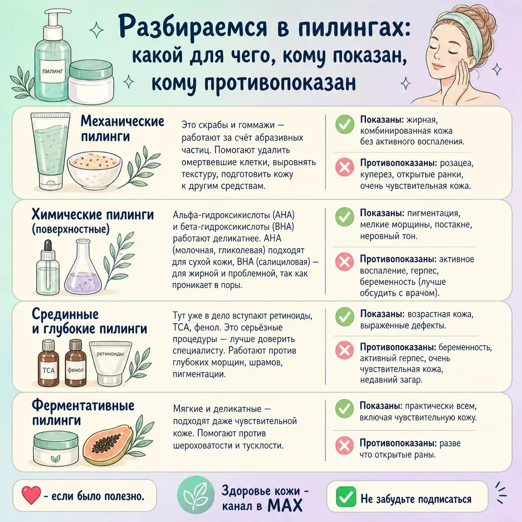 🧴 Разбираемся в пилингах: какой для чего, кому показан, кому противопоказан