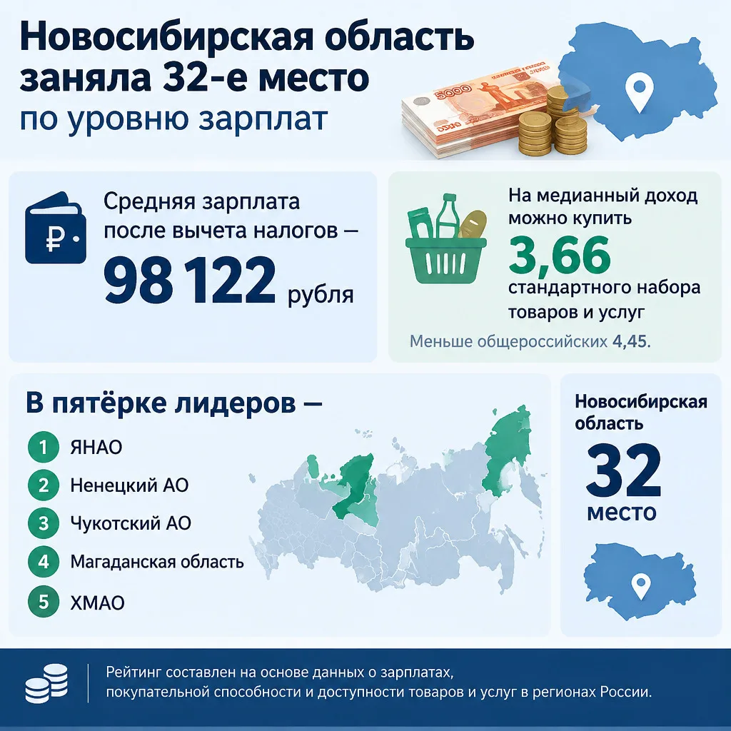 💸 Новосибирская область заняла 32-е место по уровню зарплат