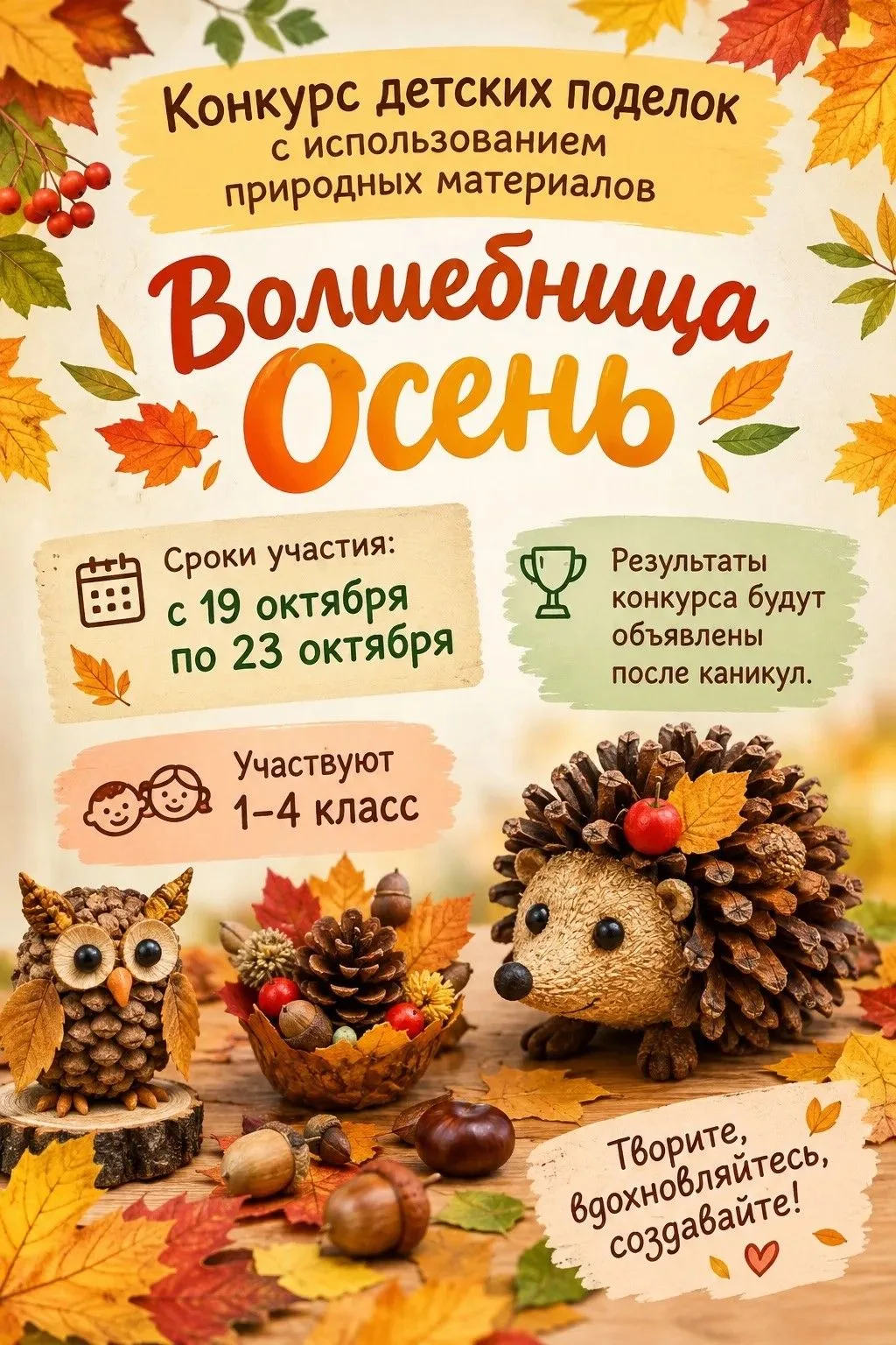 Добрый день, уважаемые родители. В начальной школе объявляем конкурс осенних поделок с ...