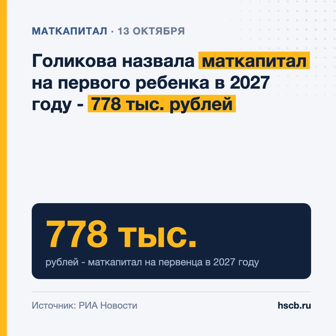 📄 Голикова назвала маткапитал на первого ребенка в 2027 году - 778 тыс. рублей