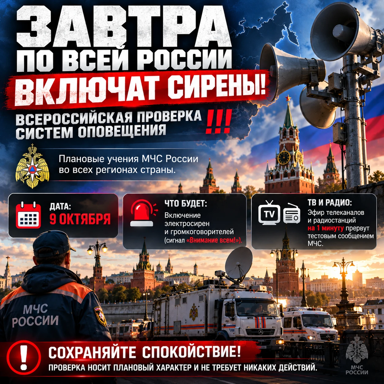 ✅ ЗАВТРА ПО ВСЕЙ РОССИИ ВКЛЮЧАТ СИРЕНЫ: Всероссийская проверка систем оповещения