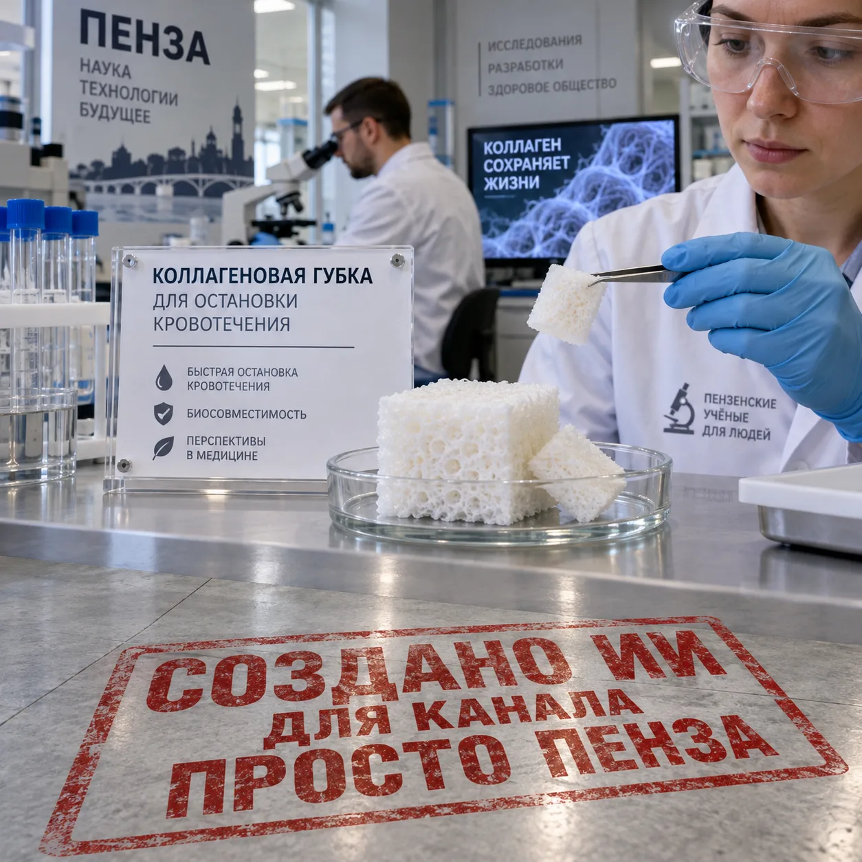 Пензенские учёные создали экспериментальную коллагеновую губку для остановки кровотечения.