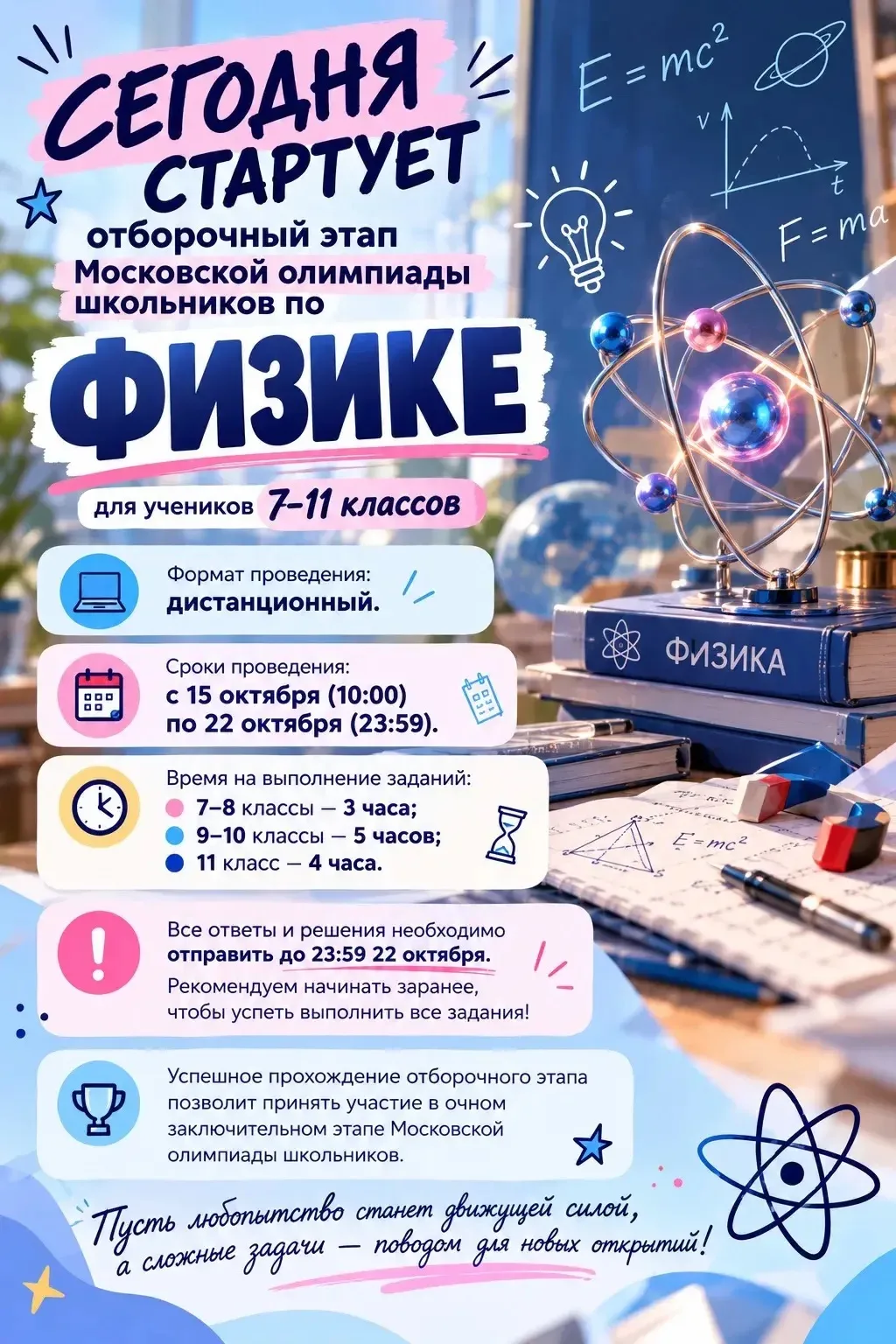 ⚛️ Сегодня стартует отборочный этап Московской олимпиады школьников по ФИЗИКЕ!