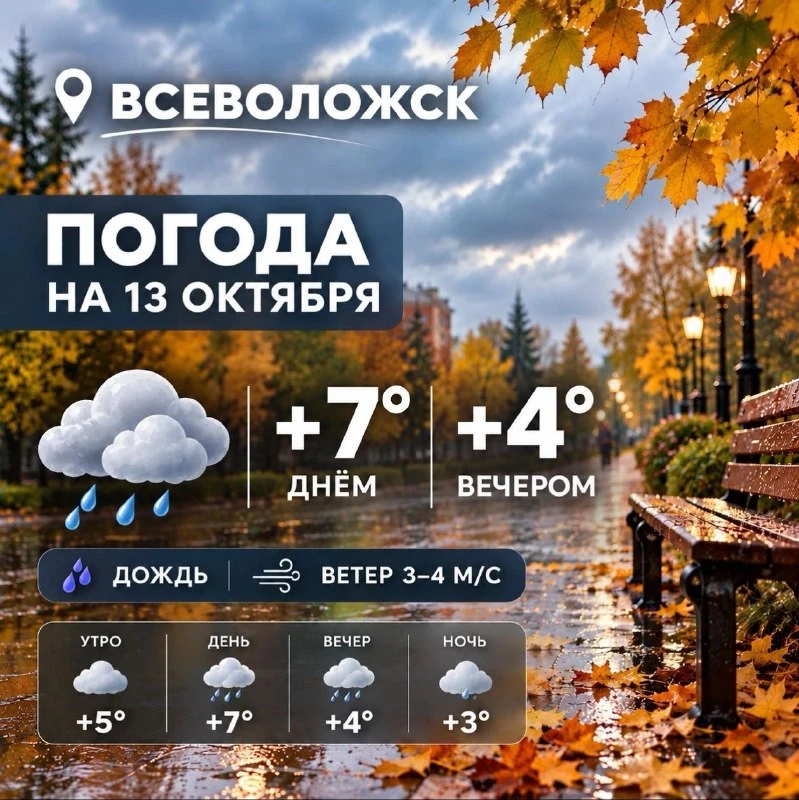 13 октября, во вторник, в Всеволожске будет прохладно и сыро: временами возможен неболь...