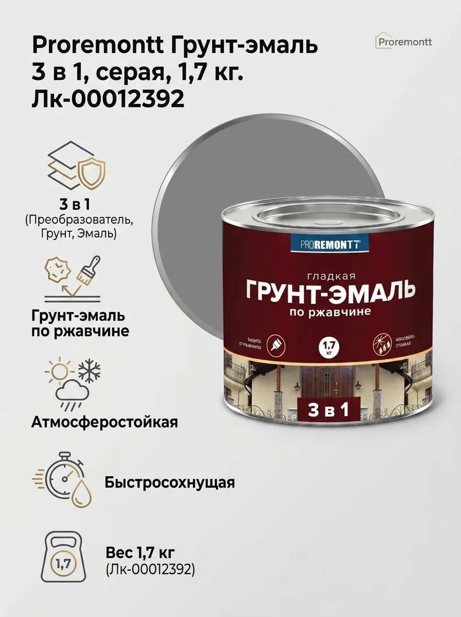 Proremontt Грунт-эмаль 3 в 1 серая 1,7 кг Лк-00012392