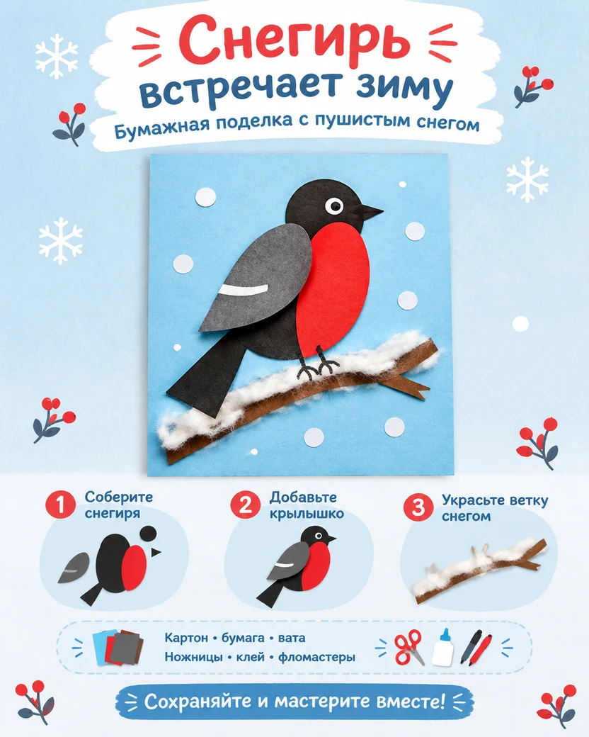 Шаблоны поделки «Снегирь встречает зиму» 🐦❄️