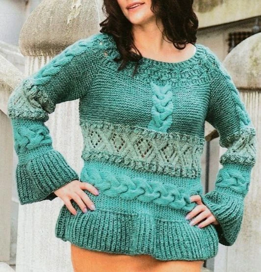 Шедевр вязаного искусства.Пуловер с баской, объемной косой,ажурными ромбами и круглой к...