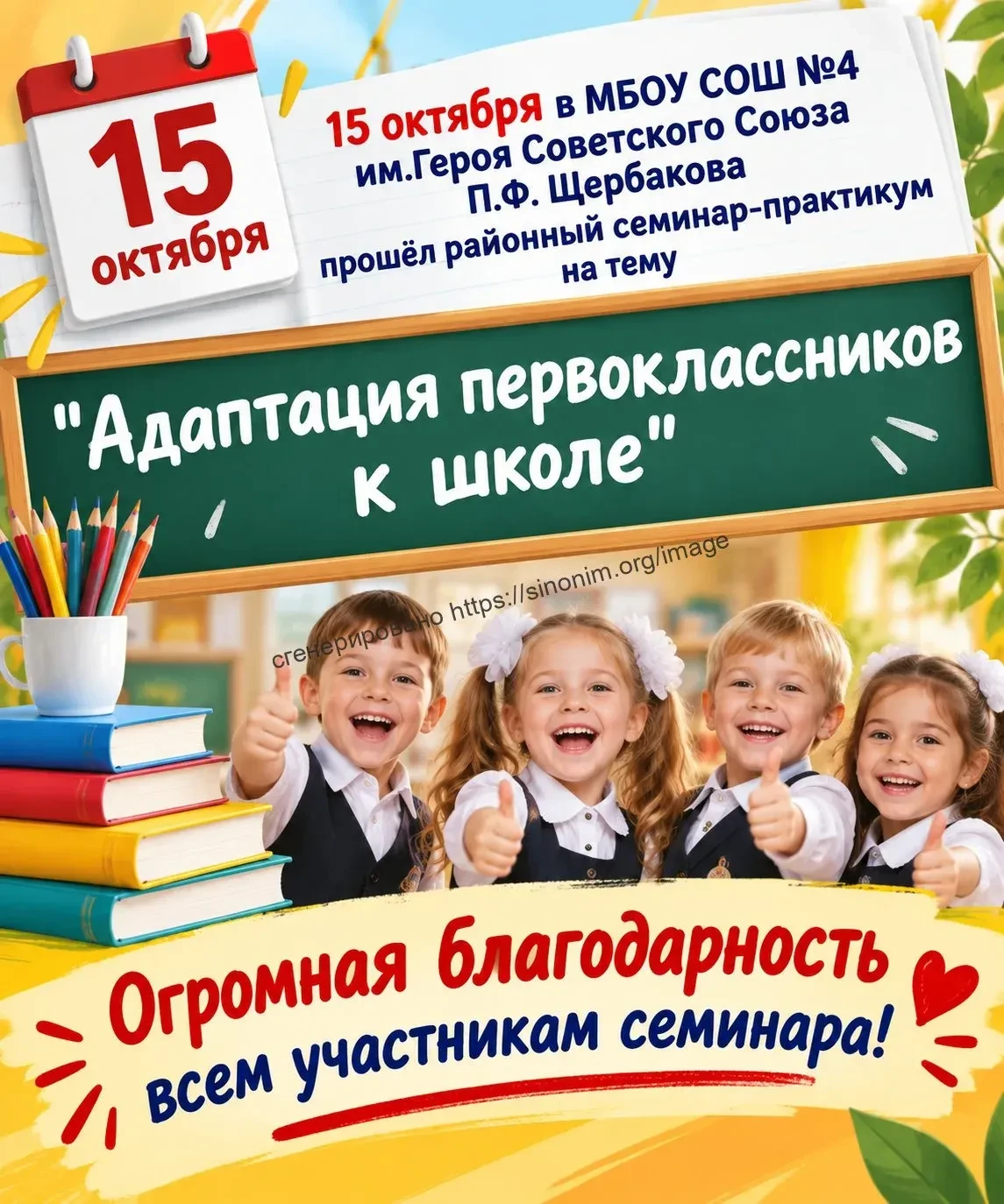 15 октября 2026 года на базе МБОУ СОШ №4 им. Героя Советского Союза П. Ф. Щербакова с. ...