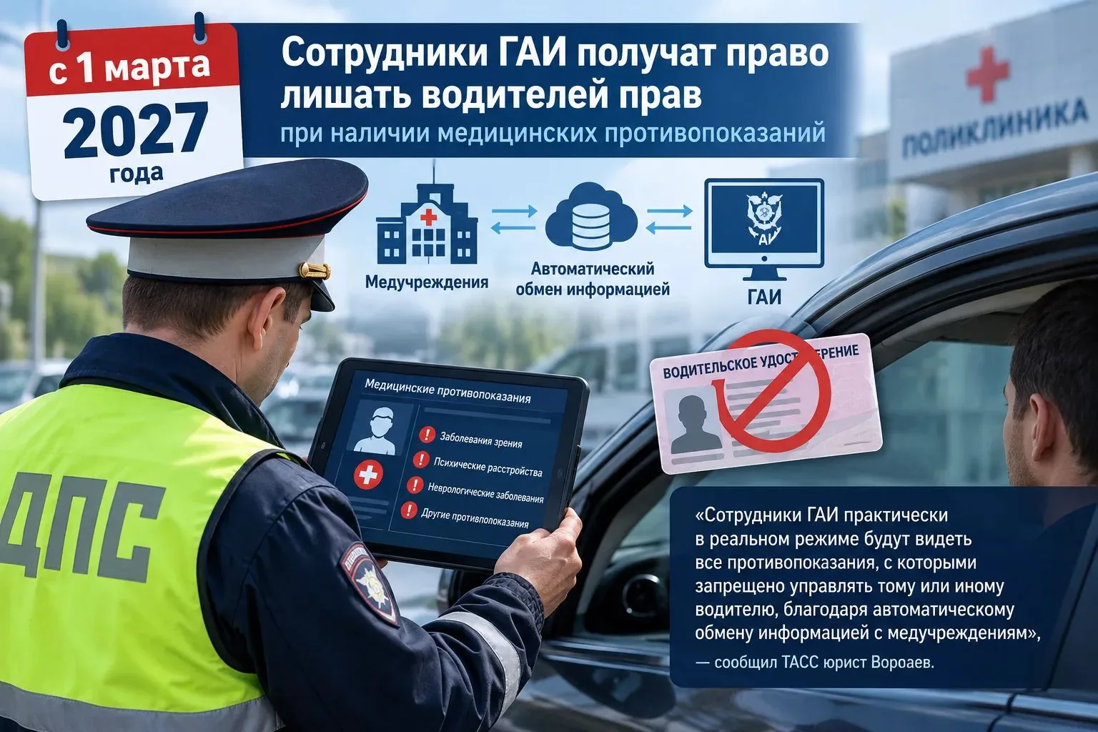 В РФ сотрудники ГАИ с 1 марта 2027 года получат право лишать водителей прав, сообщил ТА...