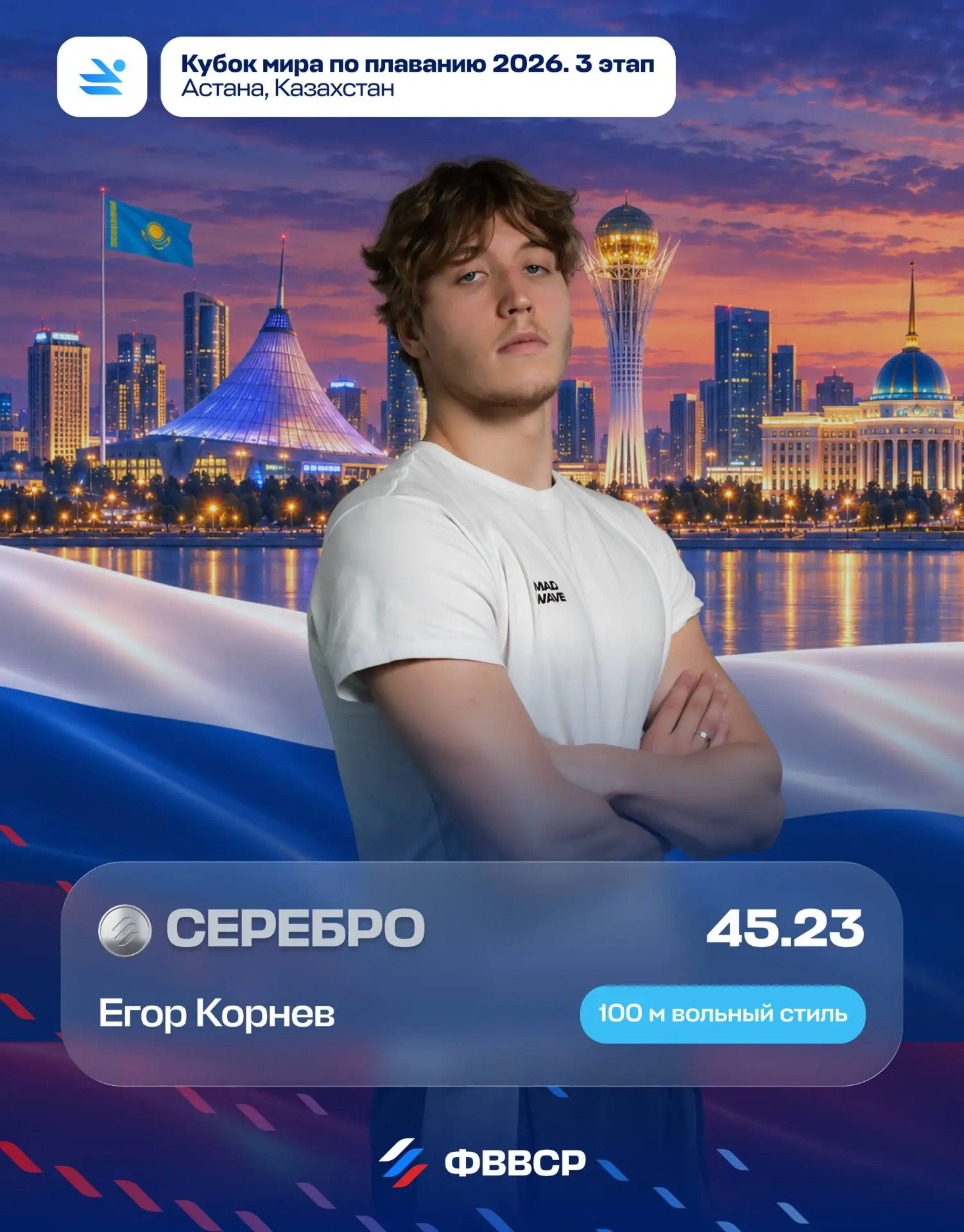 Егор Корнев сегодня становится вторым на стометровке вольным — 45,23