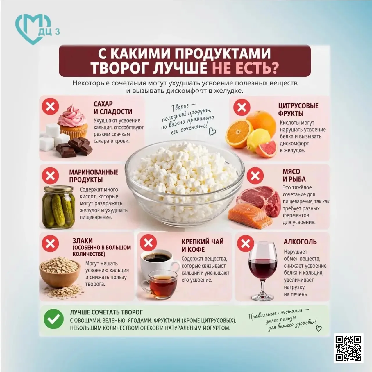 С какими продуктами творог лучше не есть?⬇️