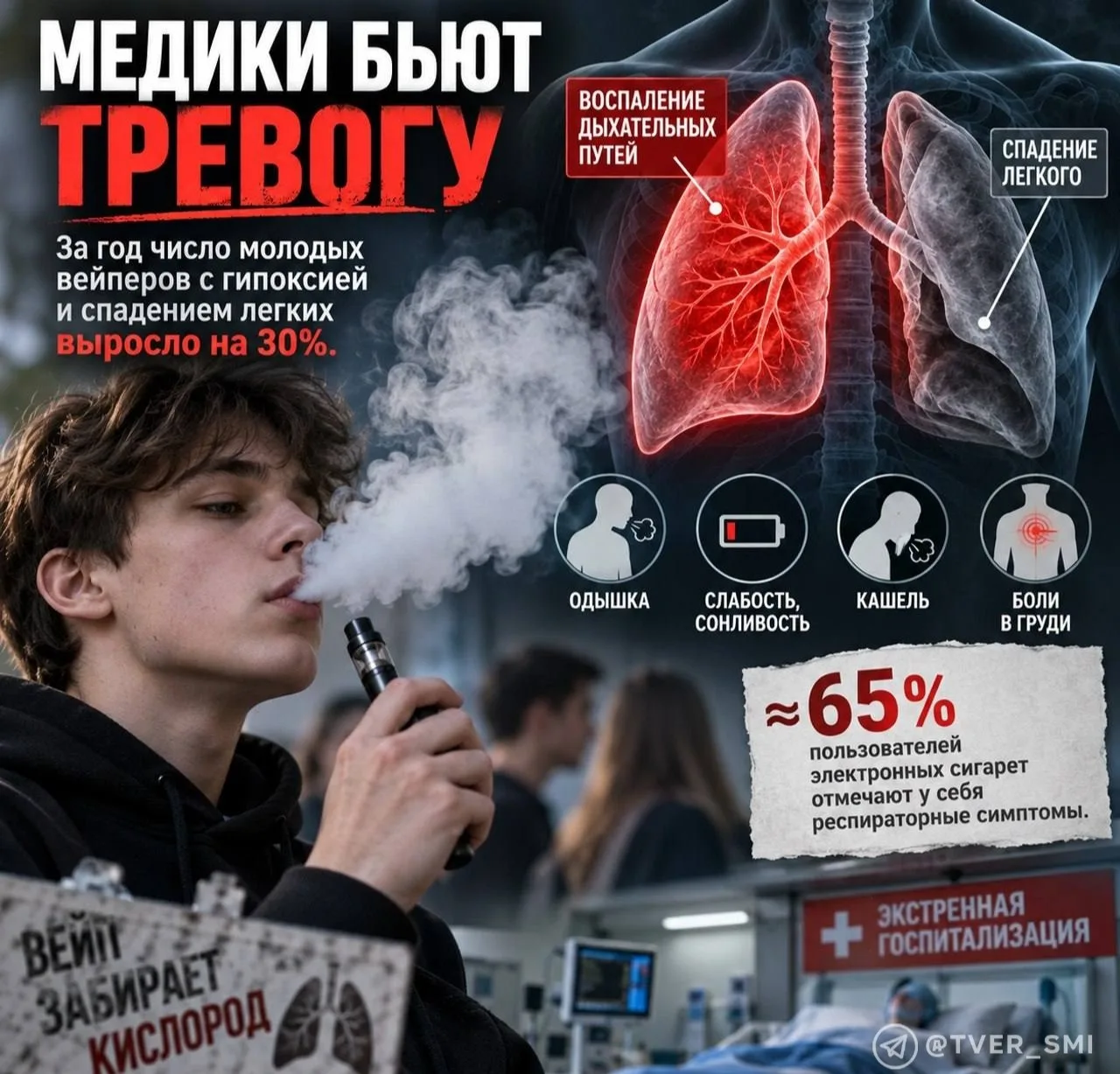 ​❗️Медики бьют тревогу: за год число молодых вейперов с гипоксией и спадением легких вы...