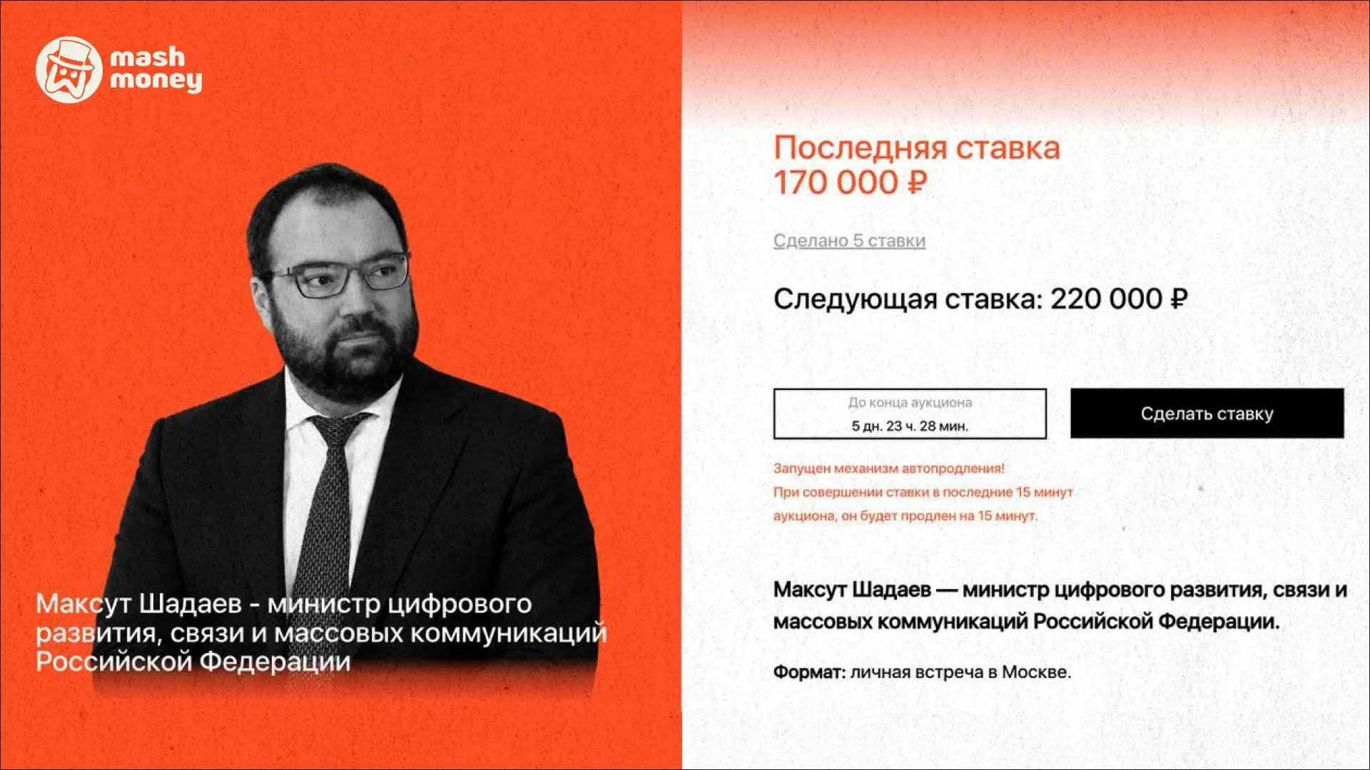 Встретиться с главой Минцифры Шадаевым стоит 220к рублей. По крайней мере, это актуальн...