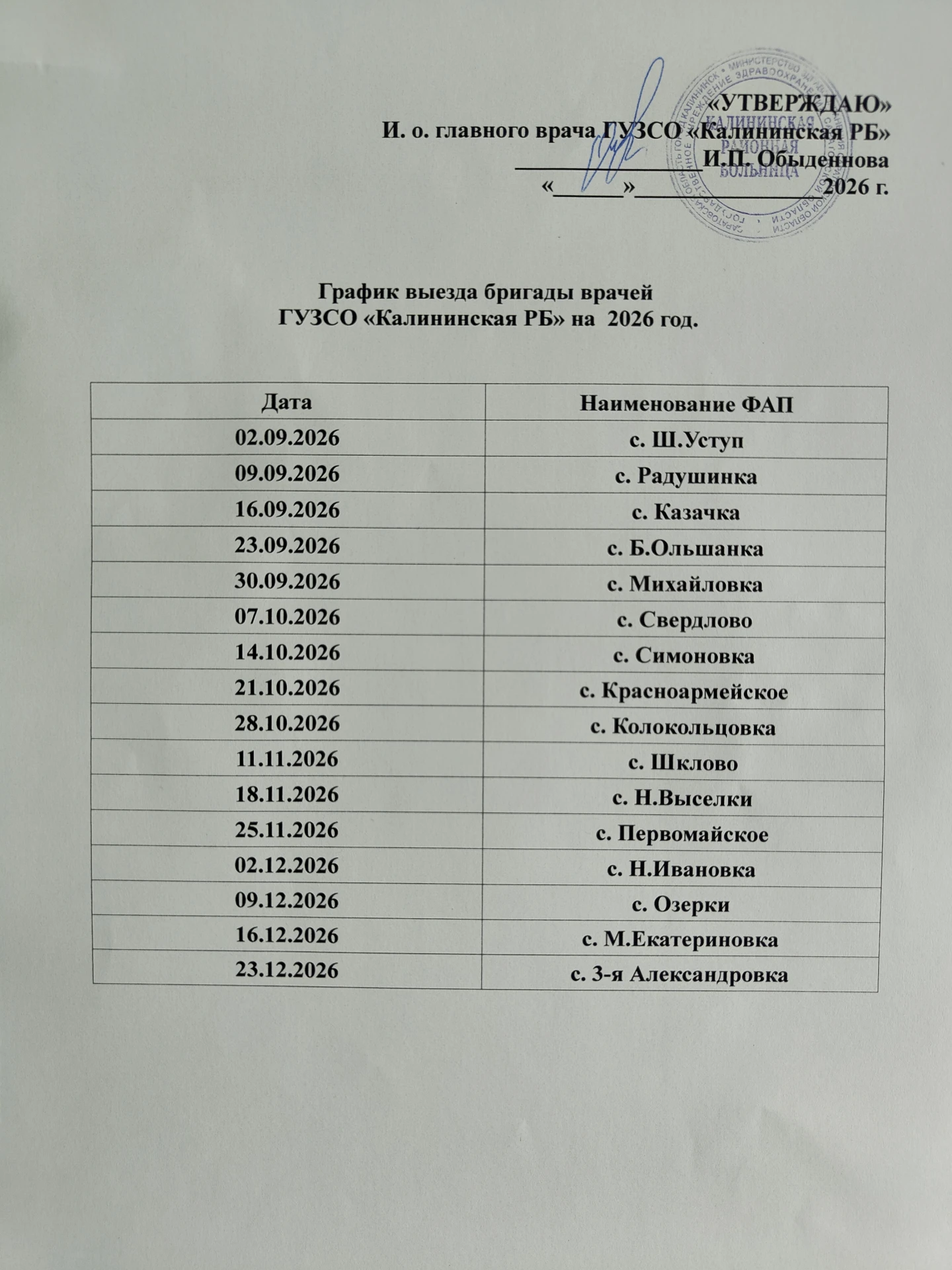 График выездов медицинских бригад врачей-специалистов для оказания первичной медико-сан...