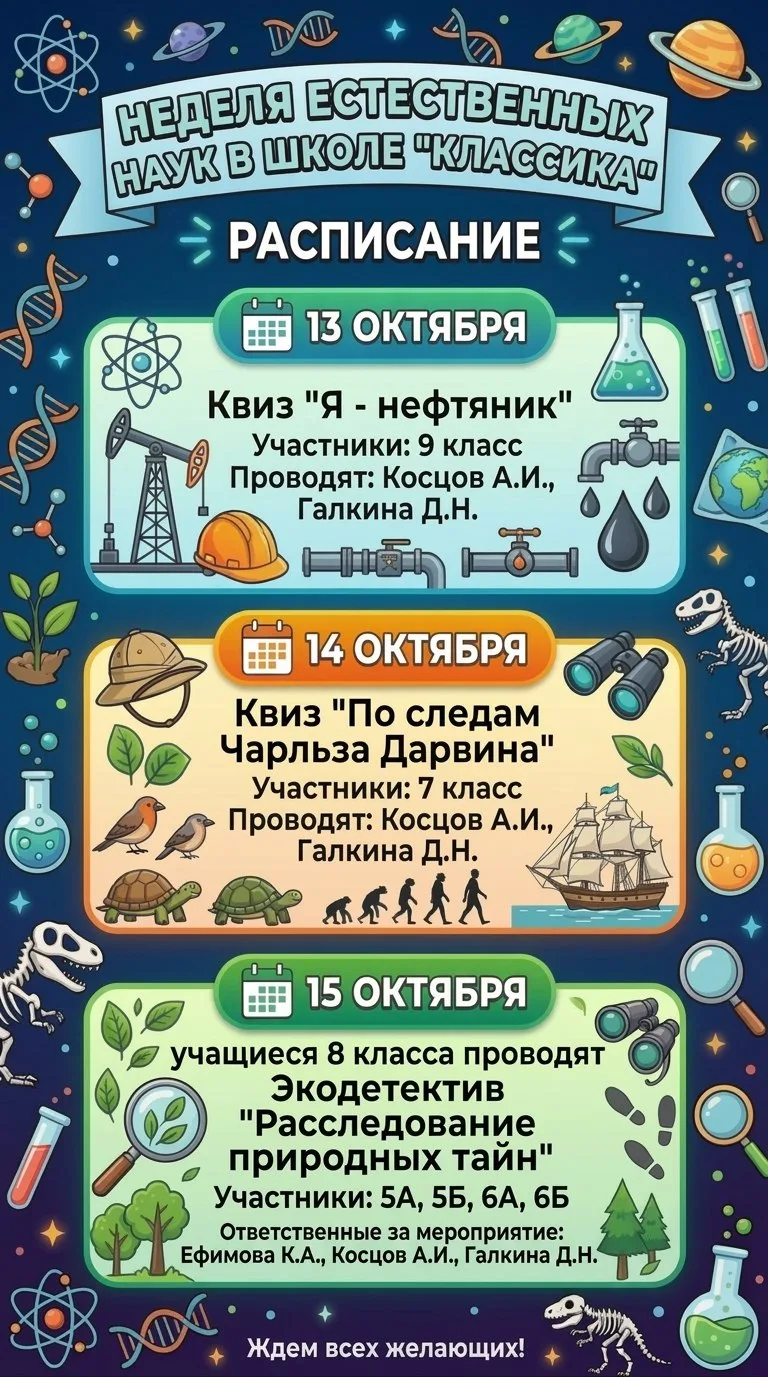 Добрый день, уважаемые ученики школы "Классика"! В нашей школе стартует неделя естестве...