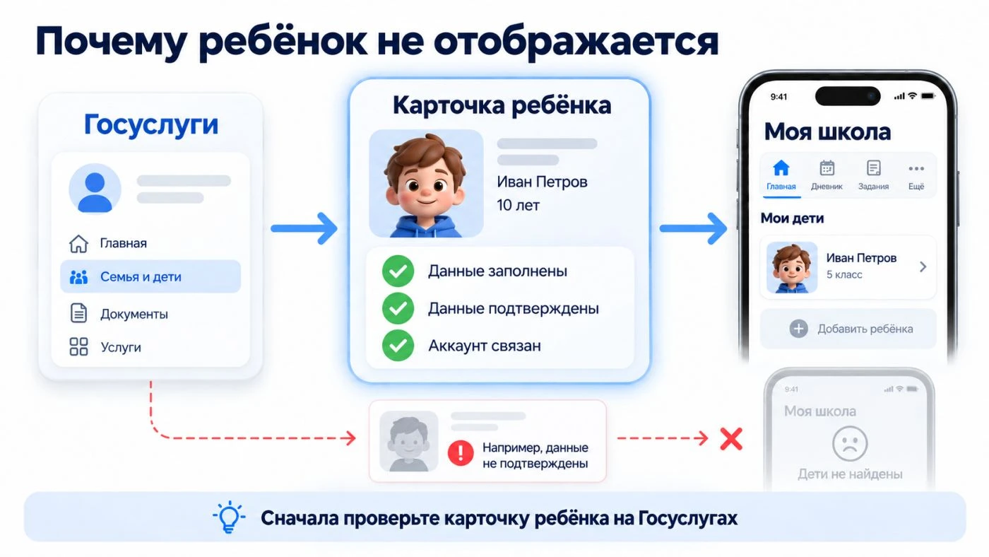 «Госуслуги Моя школа» не показывает ребёнка: что проверить и как исправить