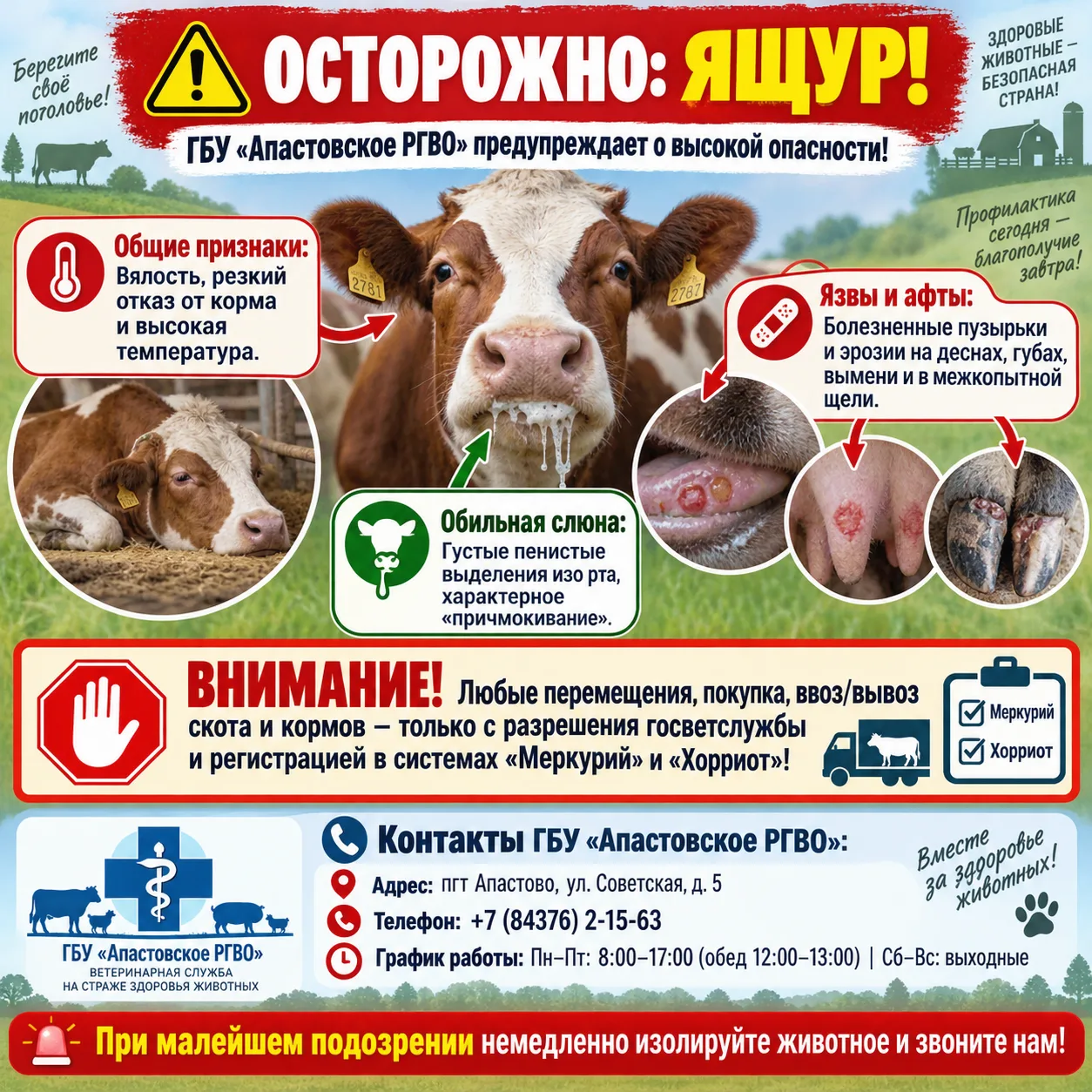 📢  ГБУ «Апастовское РГВО» напоминает о высокой опасности ящура: что нужно знать каждом...