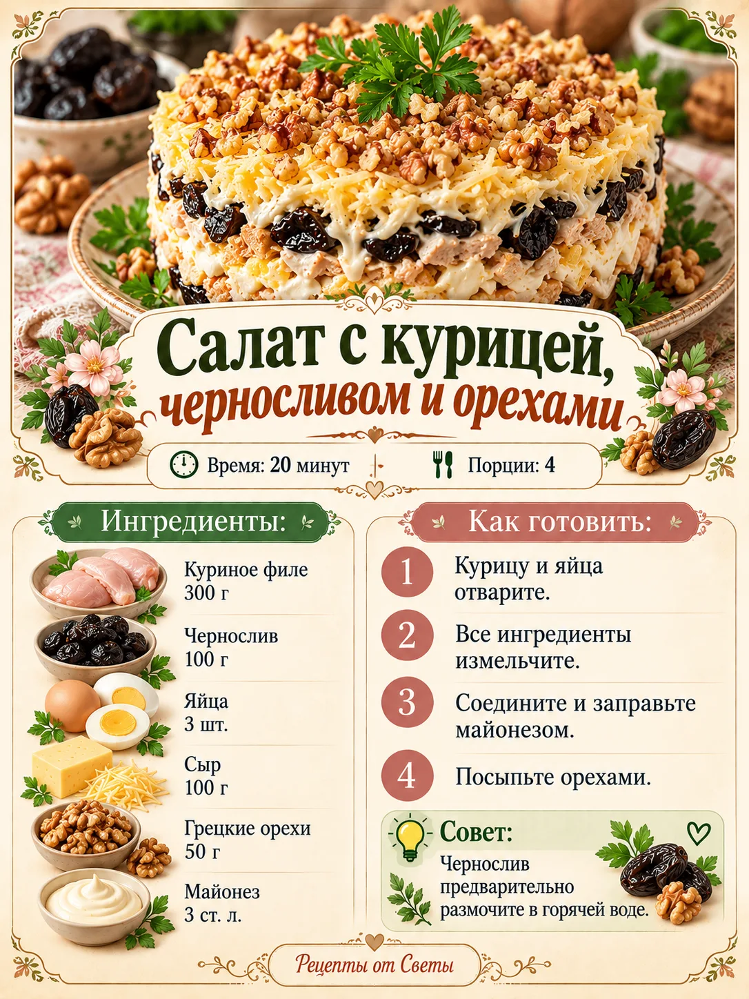 🥗 Нежная курица, сладкий чернослив и хрустящие орехи: салат для маленького домашнего п...