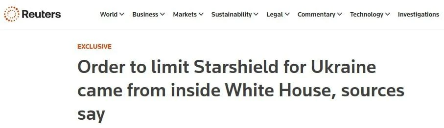 #Reuters: Приказ об ограничении #Starshield для #Украины поступил из Белого дома