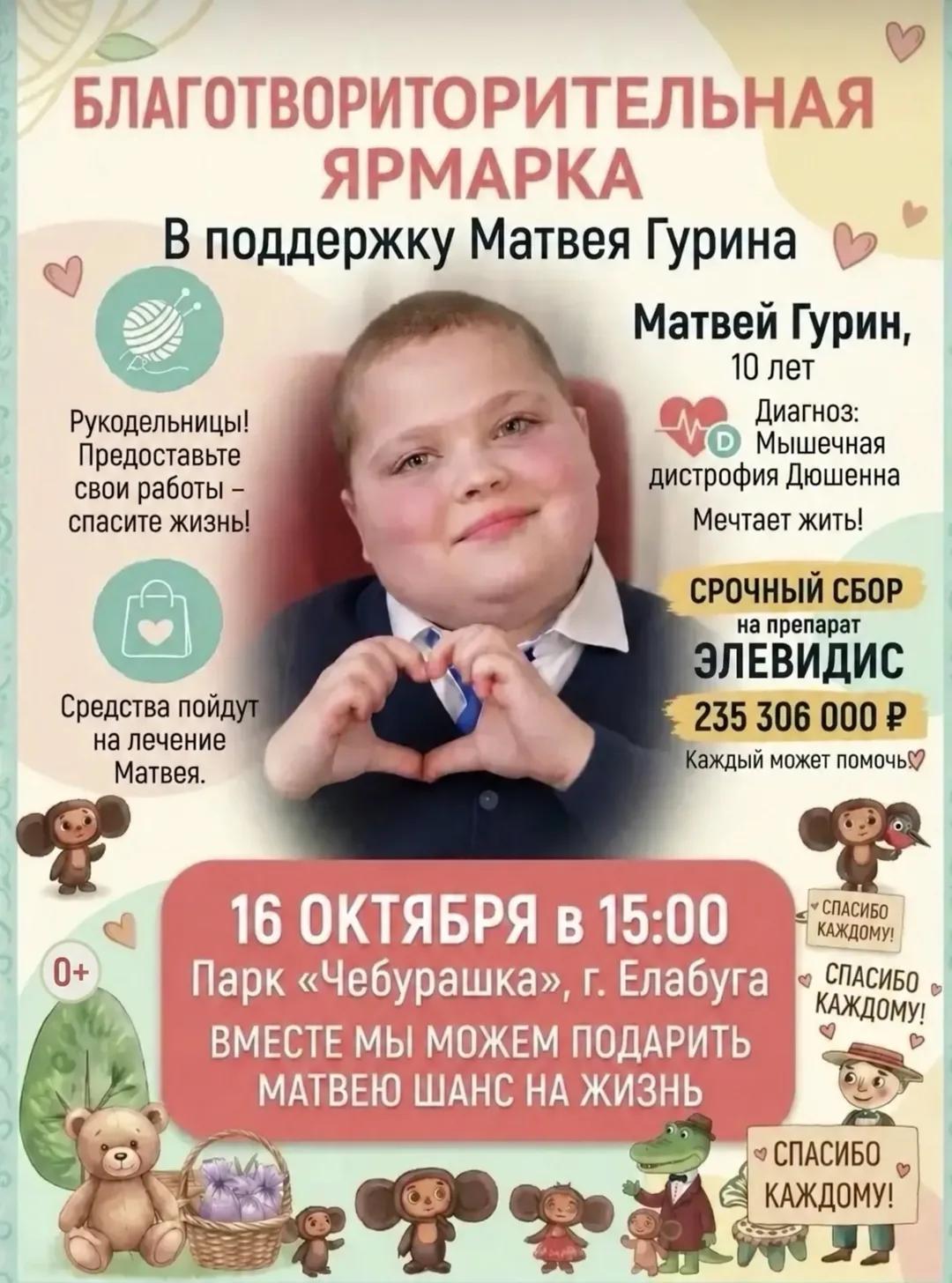 ❤️ В Елабуге пройдёт благотворительная ярмарка в помощь 10-летнему Матвею Гурину