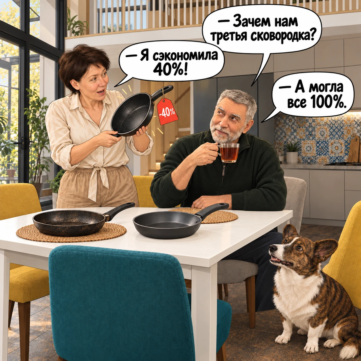 — Света, зачем нам третья сковородка?