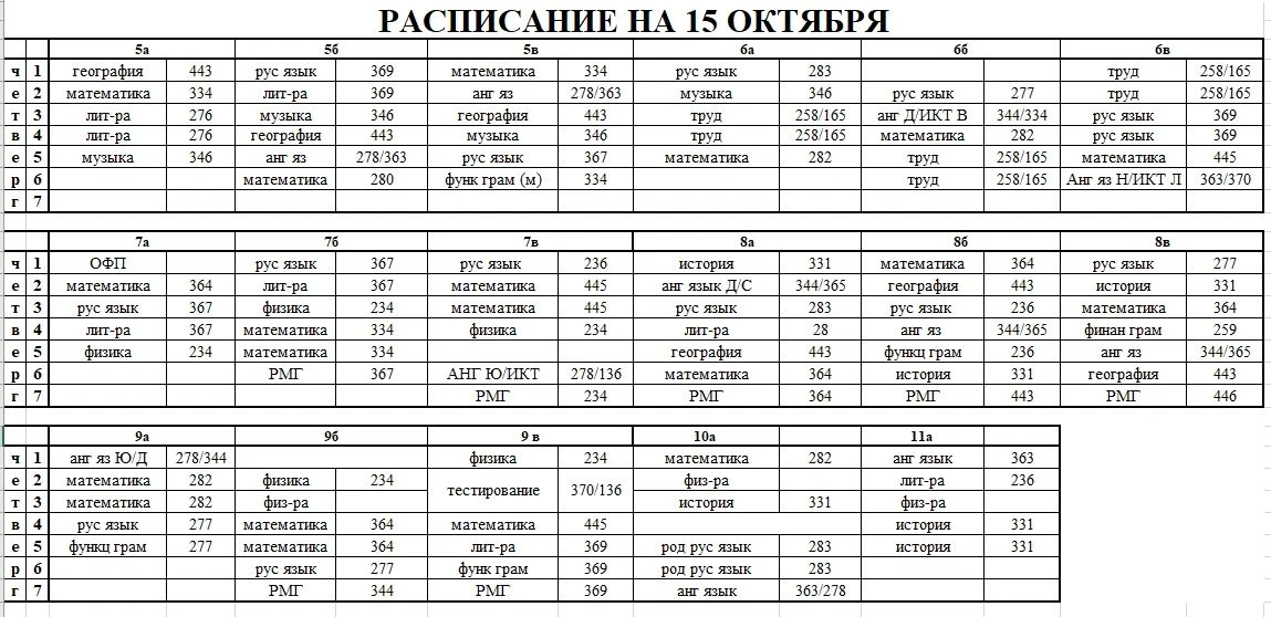 Расписание на 15 октября