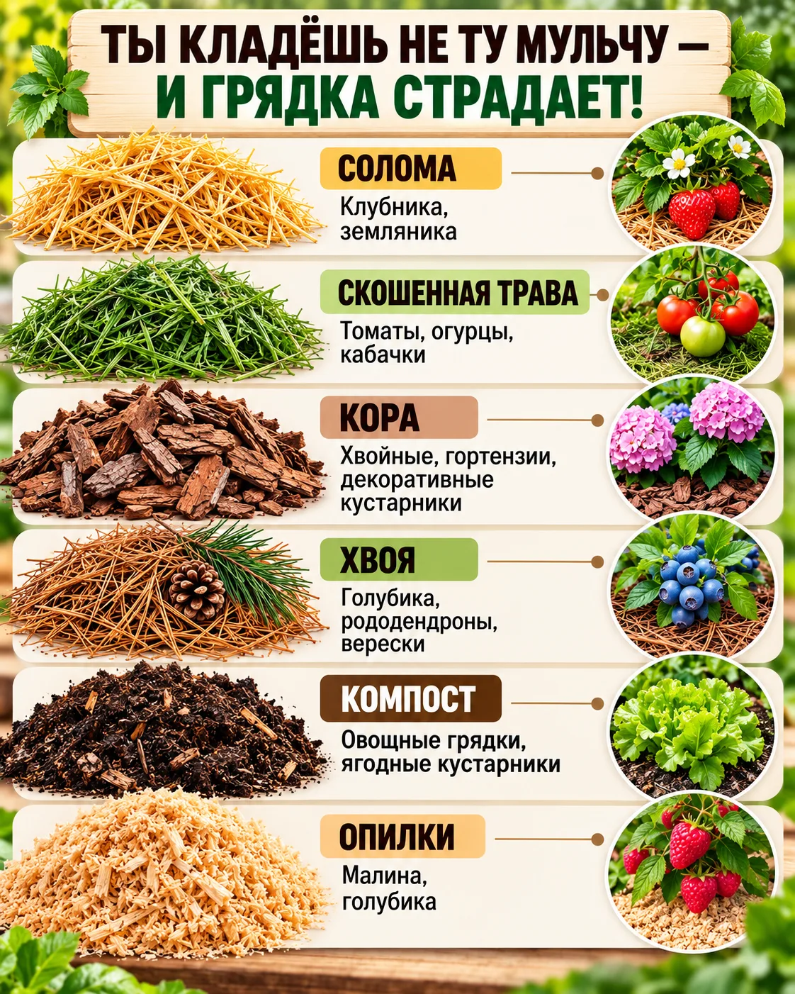 Мульча работает по-разному — и один вариант не подходит всем растениям 🌿 Солома, кора,...