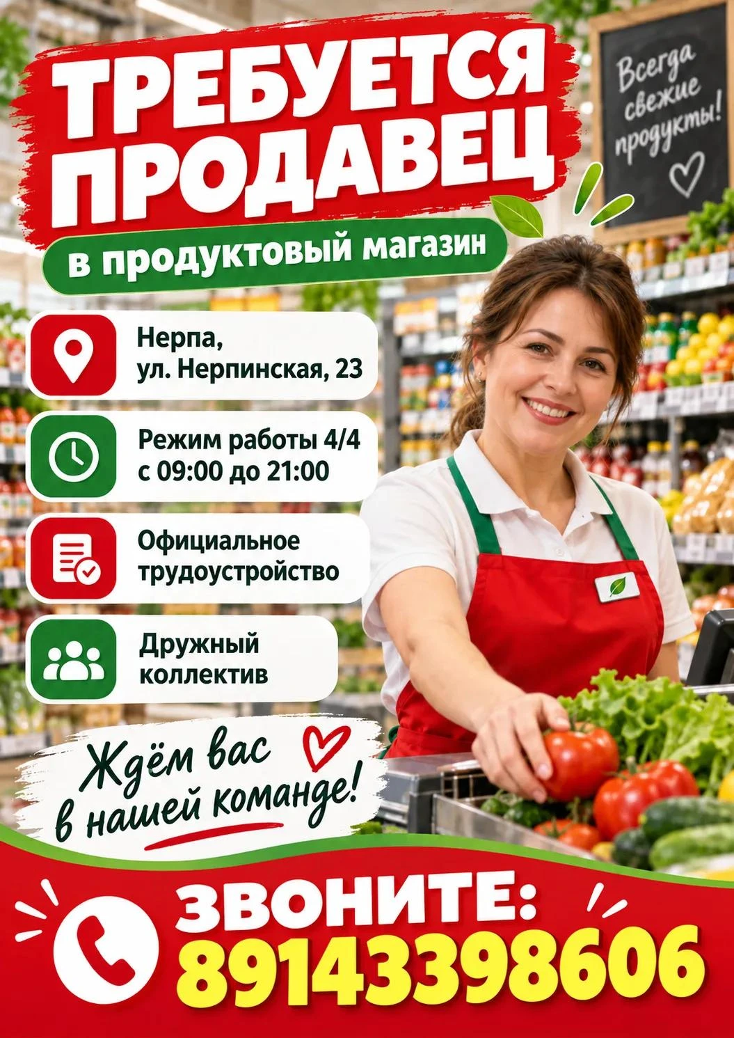 В продуктовый магазин в посёлке Нерпа требуется продавец.