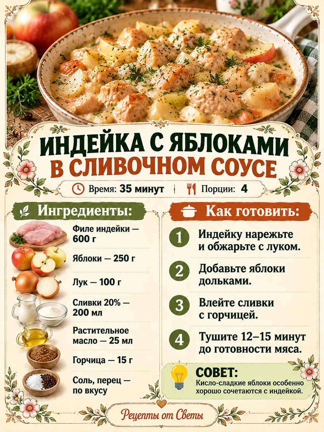 🍗 Индейка с яблоками в сливочном соусе, нежная и ароматная, с той самой фруктовой нотк...