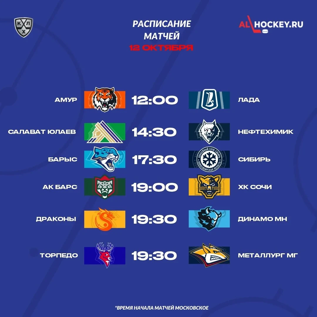🗓 Расписание матчей игрового дня в регулярном чемпионате КХЛ 🏒
