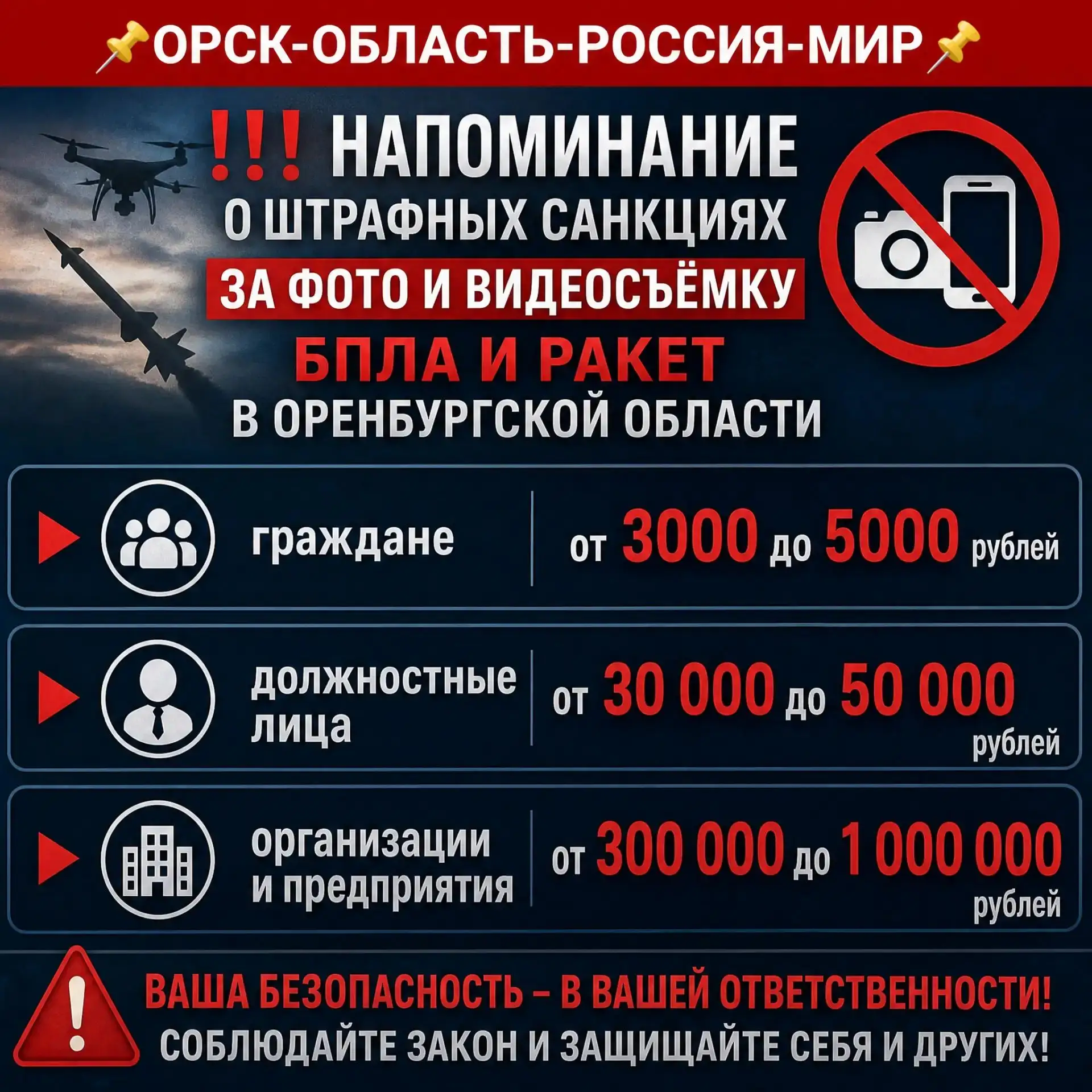 ❗️❗️❗️НАПОМИНАНИЕМ О ШТРАФНЫХ САНЦКЦИЯХ ЗА ФОТО И ВИДЕОСЪЁМКУ БПЛА И РАКЕТ В ОРЕНБУРГСК...