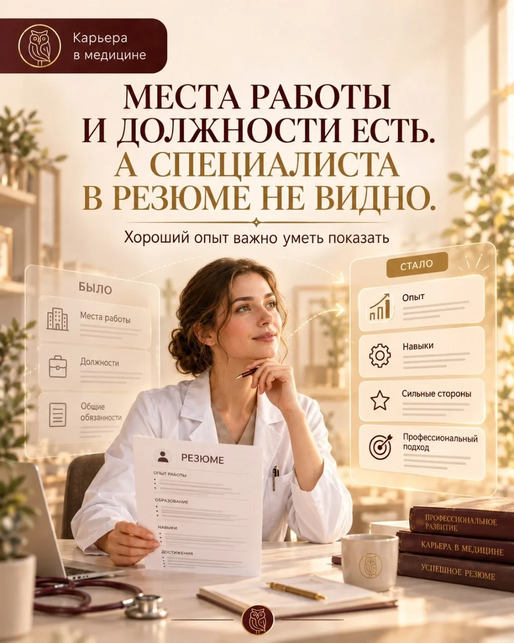 Места работы и должности есть. А самого специалиста в резюме не видно.