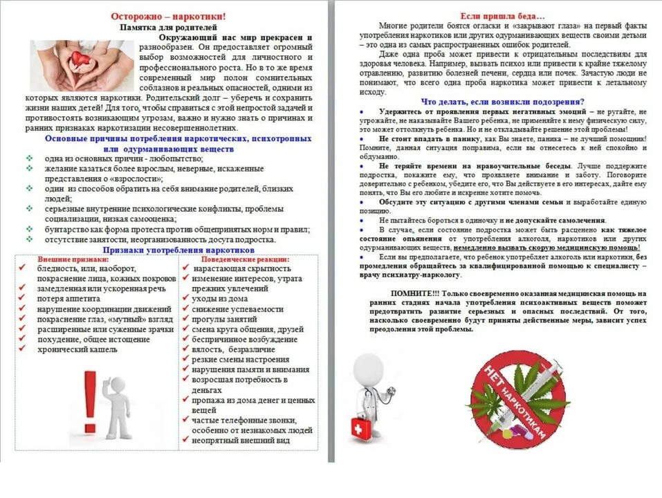 Памятка о наркомании для ознакомления направлена в родительские чаты.