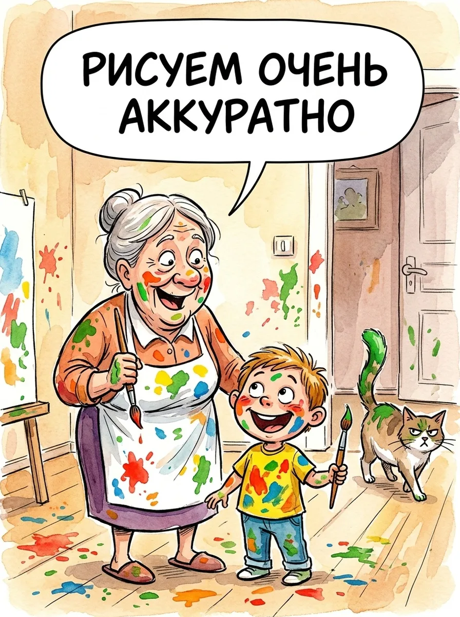 Рисовали аккуратно: краска на щеках, на фартуке и почему-то на коте. Сам рисунок получи...