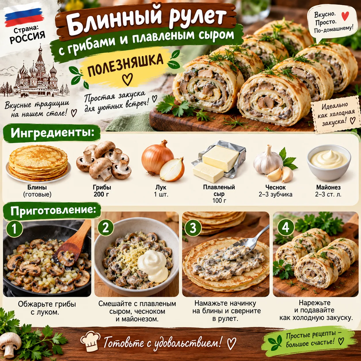 Блинный рулет с грибами и плавленым сыром                 Ингредиенты: блины, грибы 200...