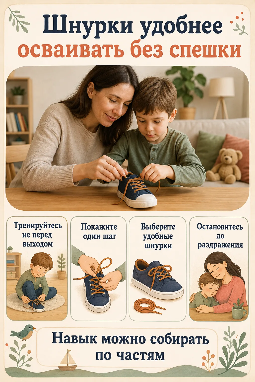 👟 Шнурки удобнее осваивать без спешки