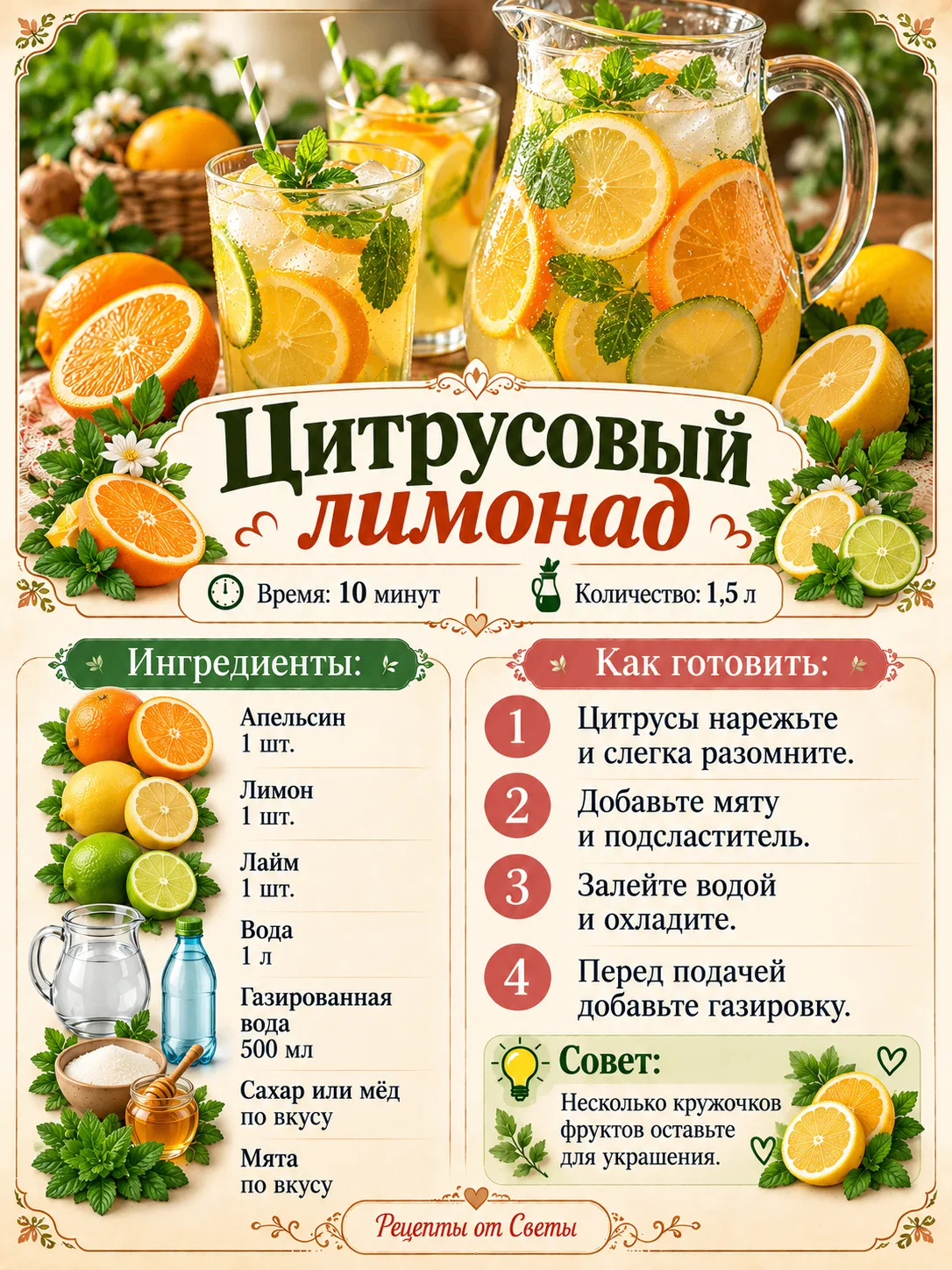 🍋 Домашний цитрусовый лимонад: яркий, свежий и такой красивый, что сначала хочется сфо...