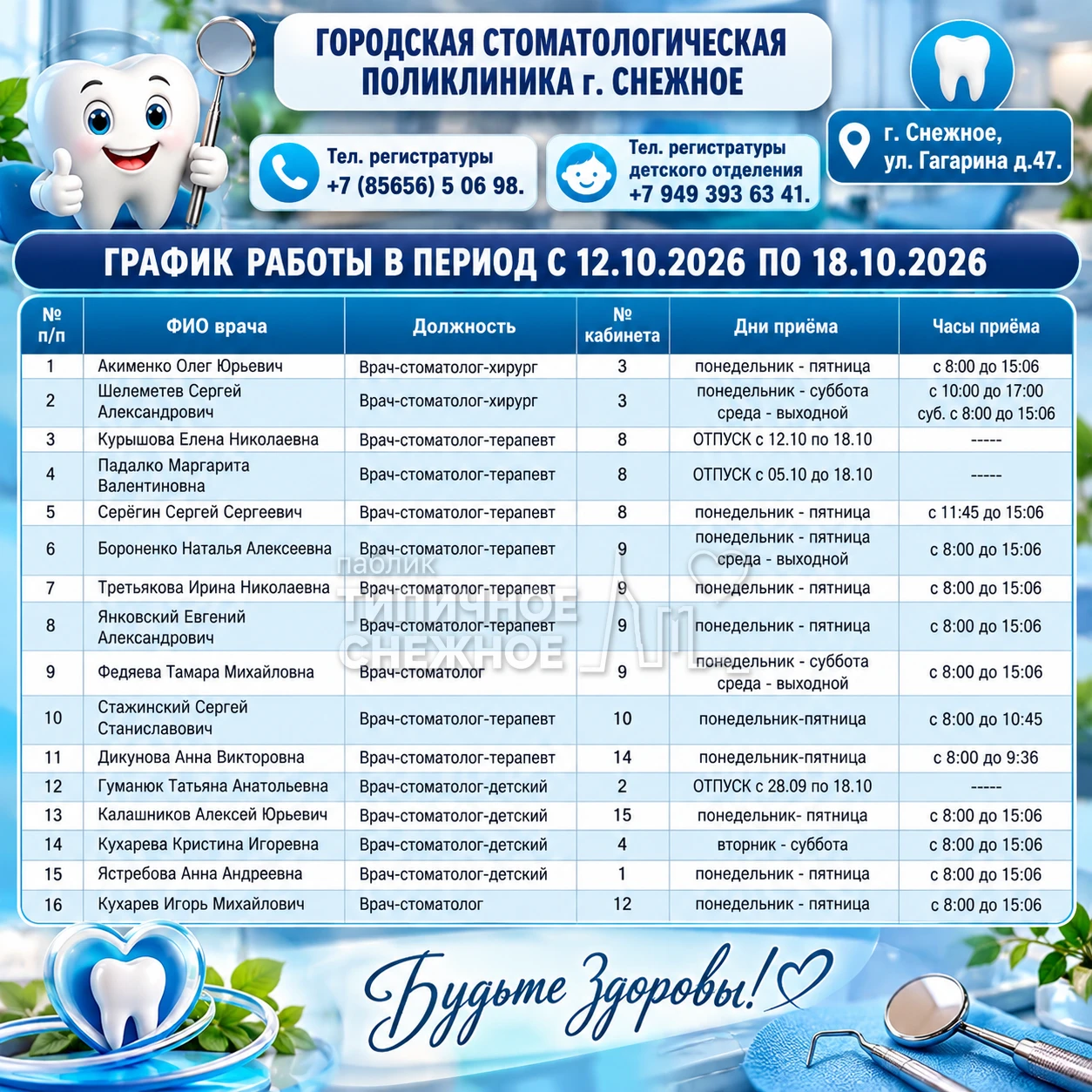 📆 График работы врачей Городской стоматологической поликлиники г. Снежное» в период с ...