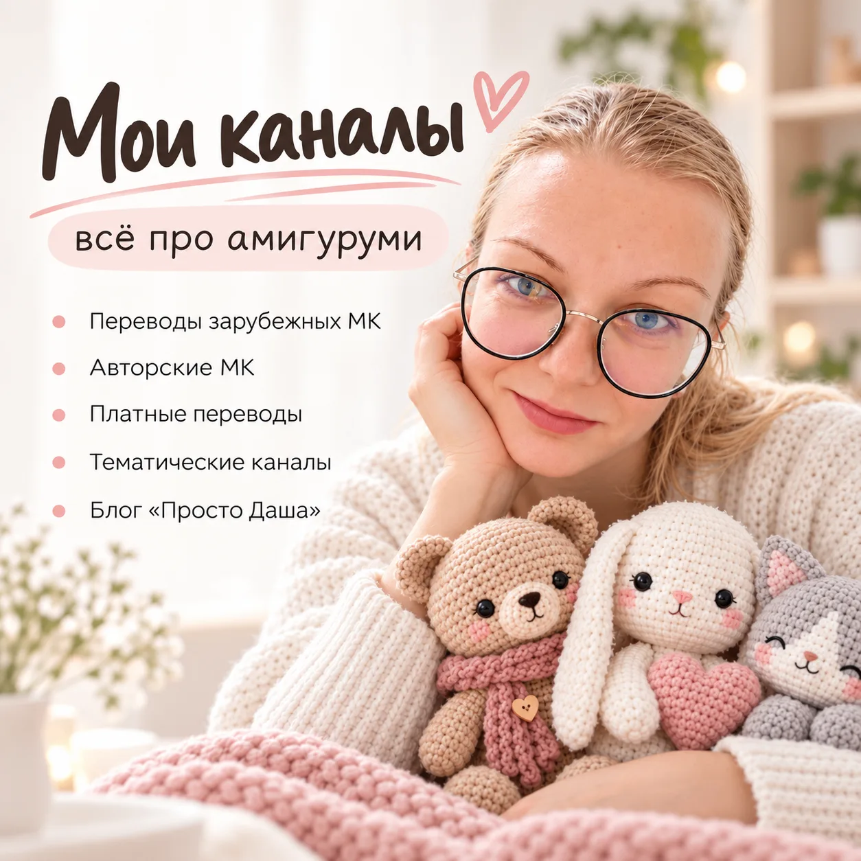 Я тут поняла, что у меня уже не один канал, а почти целая амигуруми-вселенная 😄🧶