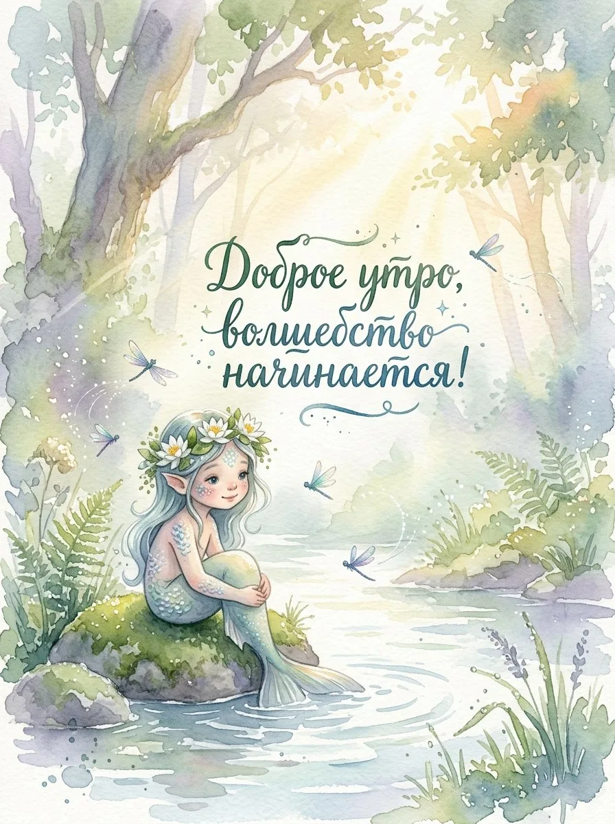 Доброе утро, волшебство начинается! Маленькая русалочка в венке из кувшинок сидит на ка...